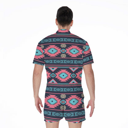 Pink And Blue Southwestern Pattern Print Men's Rompers