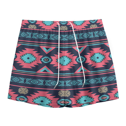 Pink And Blue Southwestern Pattern Print Mesh Shorts
