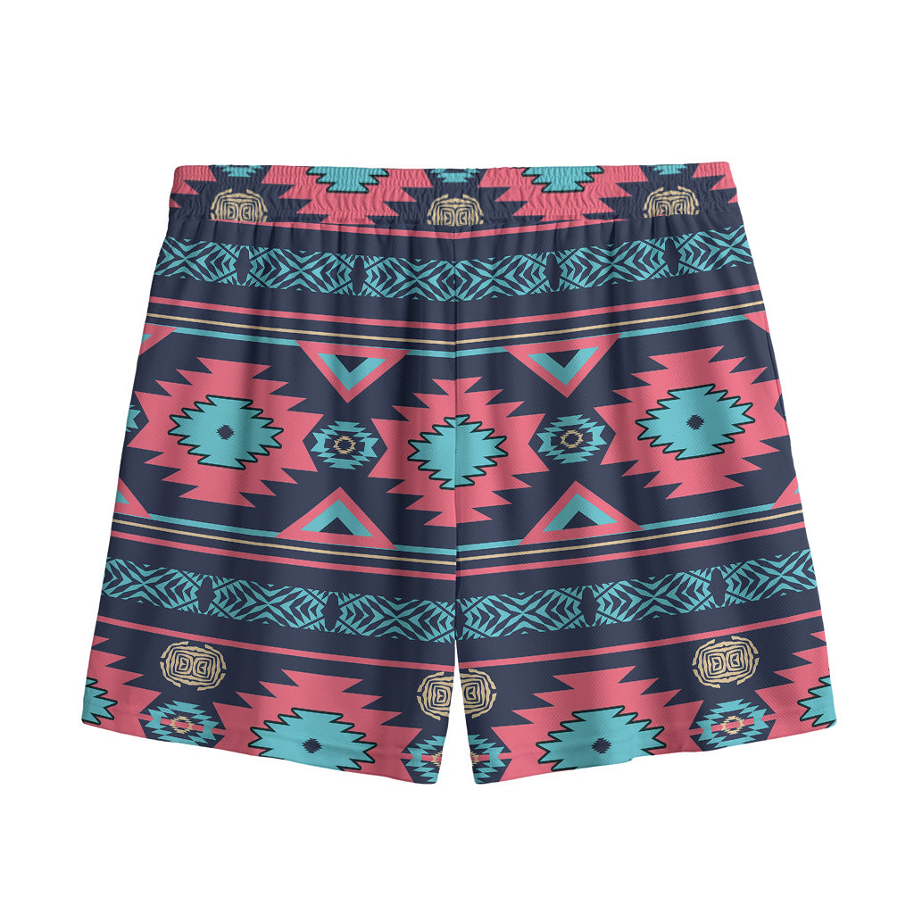 Pink And Blue Southwestern Pattern Print Mesh Shorts