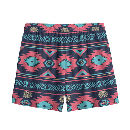Pink And Blue Southwestern Pattern Print Mesh Shorts