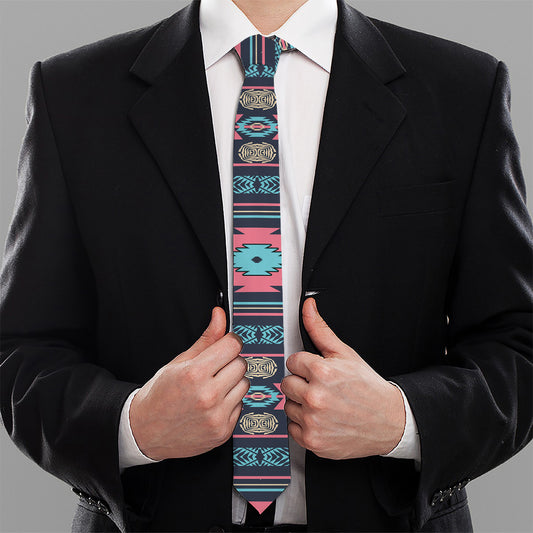 Pink And Blue Southwestern Pattern Print Necktie