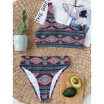 Pink And Blue Southwestern Pattern Print One Shoulder Bikini Top
