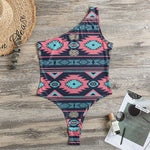 Pink And Blue Southwestern Pattern Print One Shoulder Bodysuit