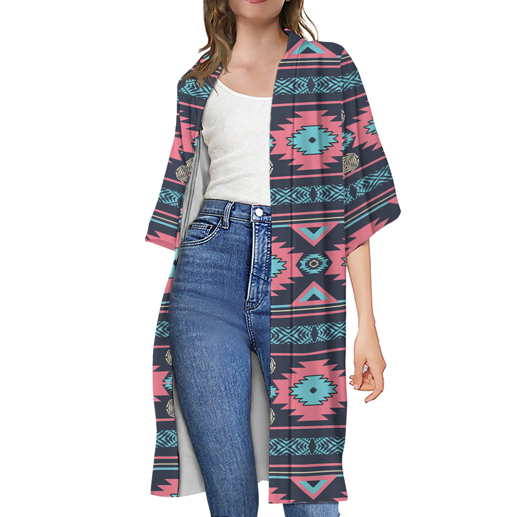 Pink And Blue Southwestern Pattern Print Open Front Beach Cover Up