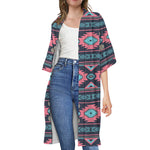 Pink And Blue Southwestern Pattern Print Open Front Beach Cover Up