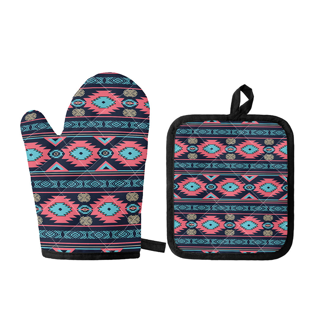 Pink And Blue Southwestern Pattern Print Oven Mitt And Pot Holder Set