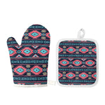 Pink And Blue Southwestern Pattern Print Oven Mitt And Pot Holder Set