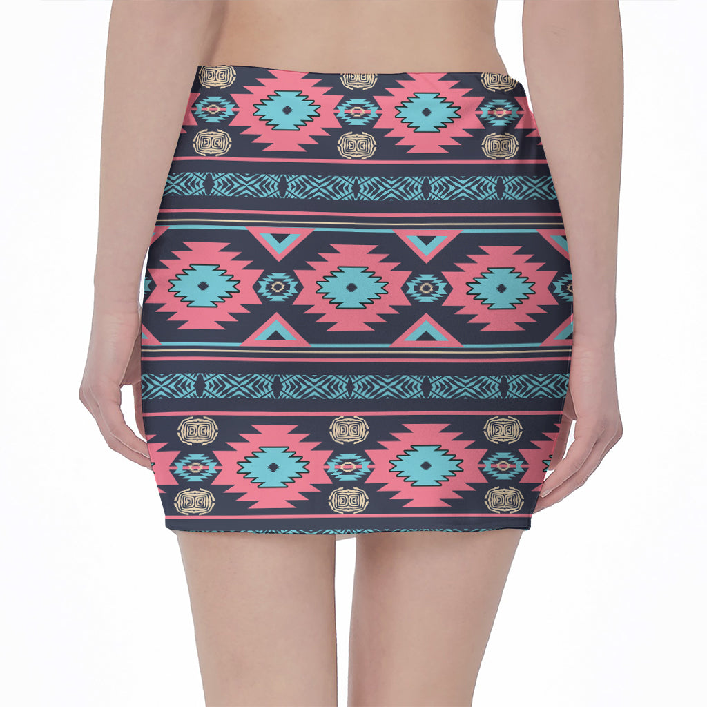Pink And Blue Southwestern Pattern Print Pencil Mini Skirt