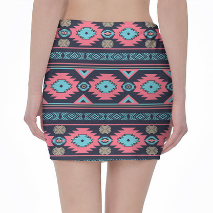 Pink And Blue Southwestern Pattern Print Pencil Mini Skirt