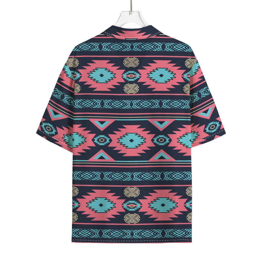 Pink And Blue Southwestern Pattern Print Rayon Hawaiian Shirt