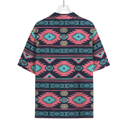 Pink And Blue Southwestern Pattern Print Rayon Hawaiian Shirt