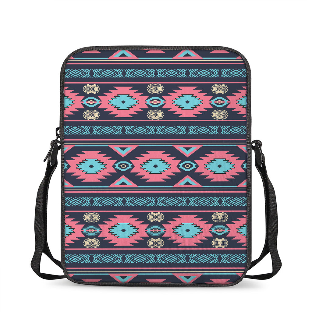 Pink And Blue Southwestern Pattern Print Rectangular Crossbody Bag