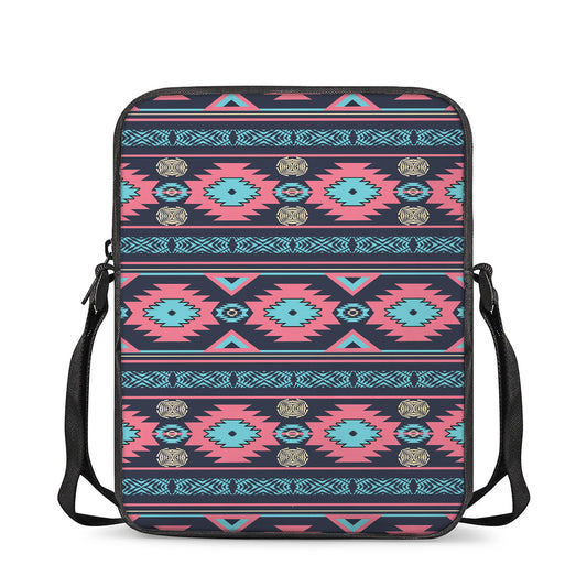 Pink And Blue Southwestern Pattern Print Rectangular Crossbody Bag