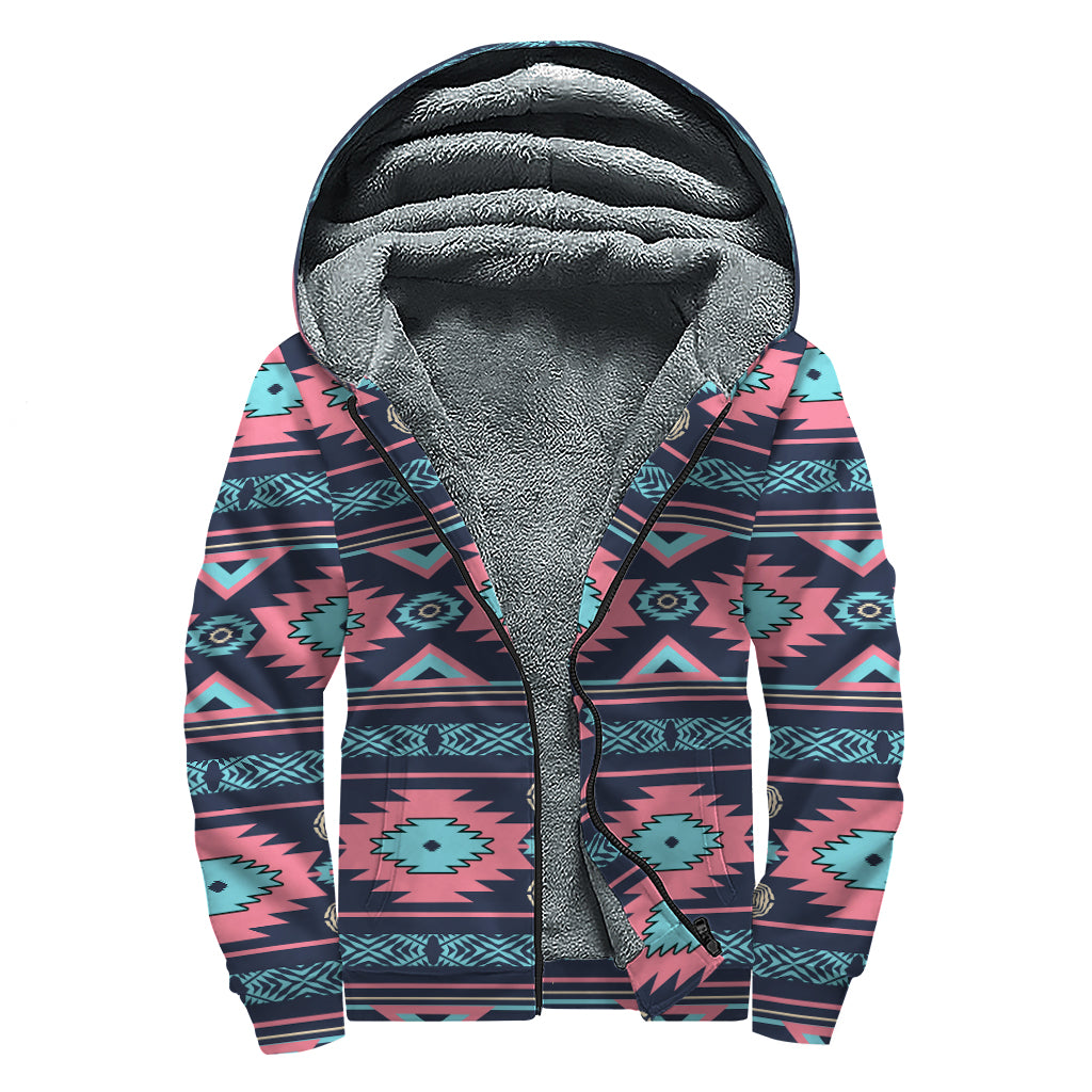 Pink And Blue Southwestern Pattern Print Sherpa Lined Zip Up Hoodie
