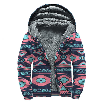 Pink And Blue Southwestern Pattern Print Sherpa Lined Zip Up Hoodie