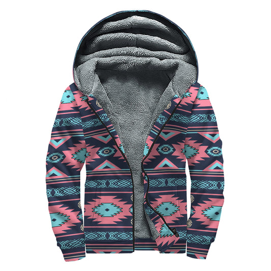 Pink And Blue Southwestern Pattern Print Sherpa Lined Zip Up Hoodie