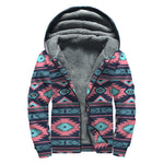 Pink And Blue Southwestern Pattern Print Sherpa Lined Zip Up Hoodie