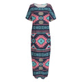 Pink And Blue Southwestern Pattern Print Short Sleeve Long Nightdress