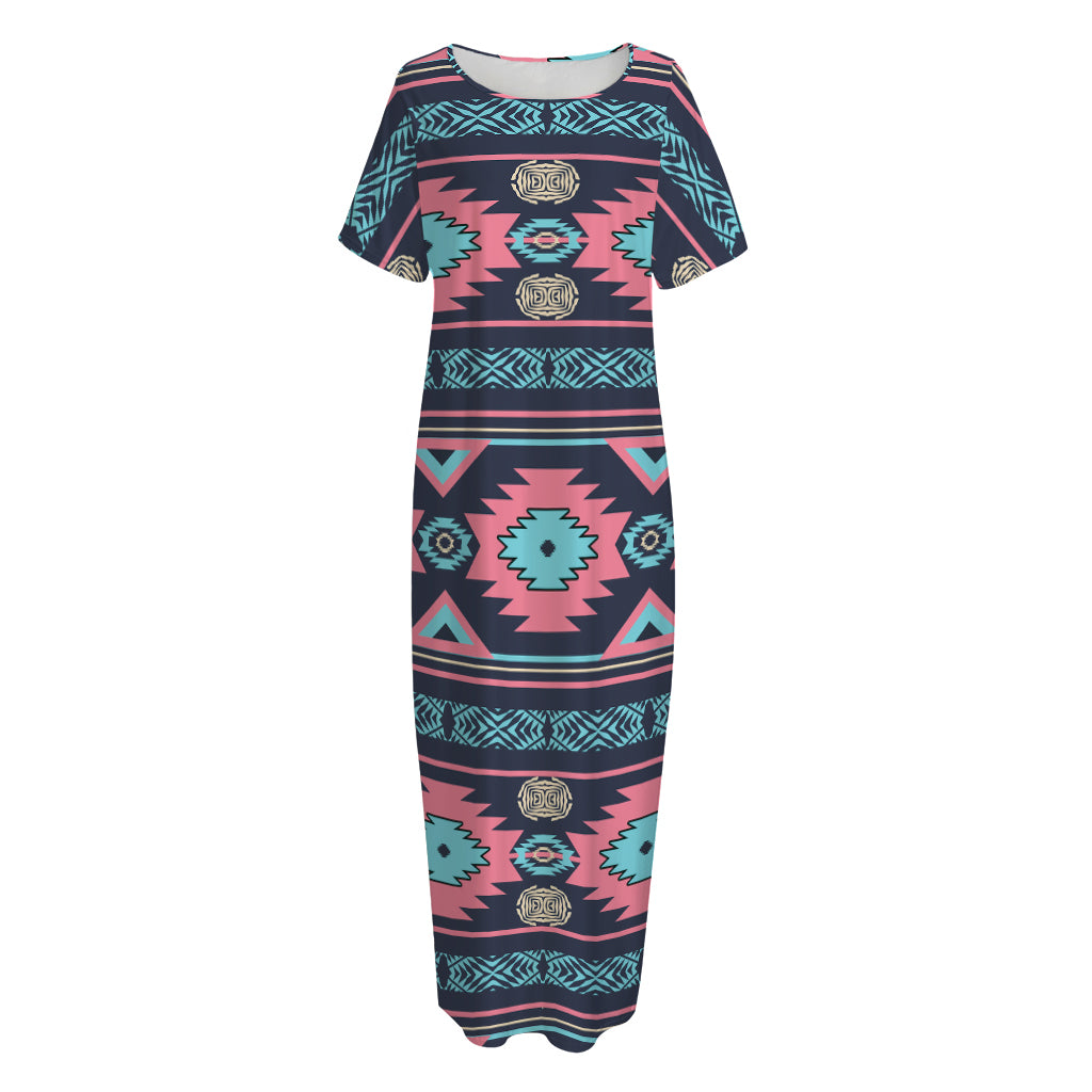 Pink And Blue Southwestern Pattern Print Short Sleeve Long Nightdress