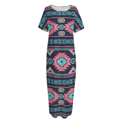 Pink And Blue Southwestern Pattern Print Short Sleeve Long Nightdress