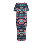 Pink And Blue Southwestern Pattern Print Short Sleeve Long Nightdress