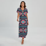 Pink And Blue Southwestern Pattern Print Short Sleeve Maxi Dress