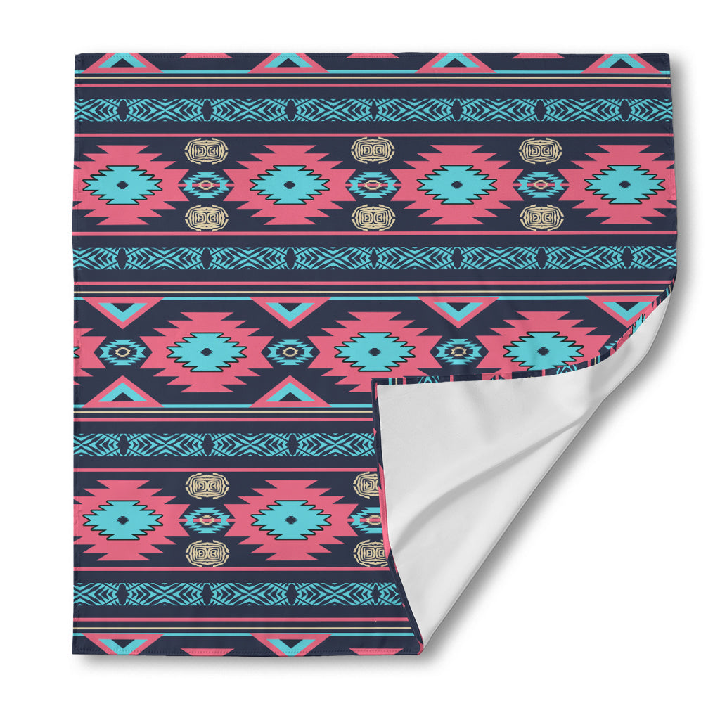 Pink And Blue Southwestern Pattern Print Silk Bandana