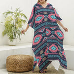 Pink And Blue Southwestern Pattern Print Silk V-Neck Kaftan Dress
