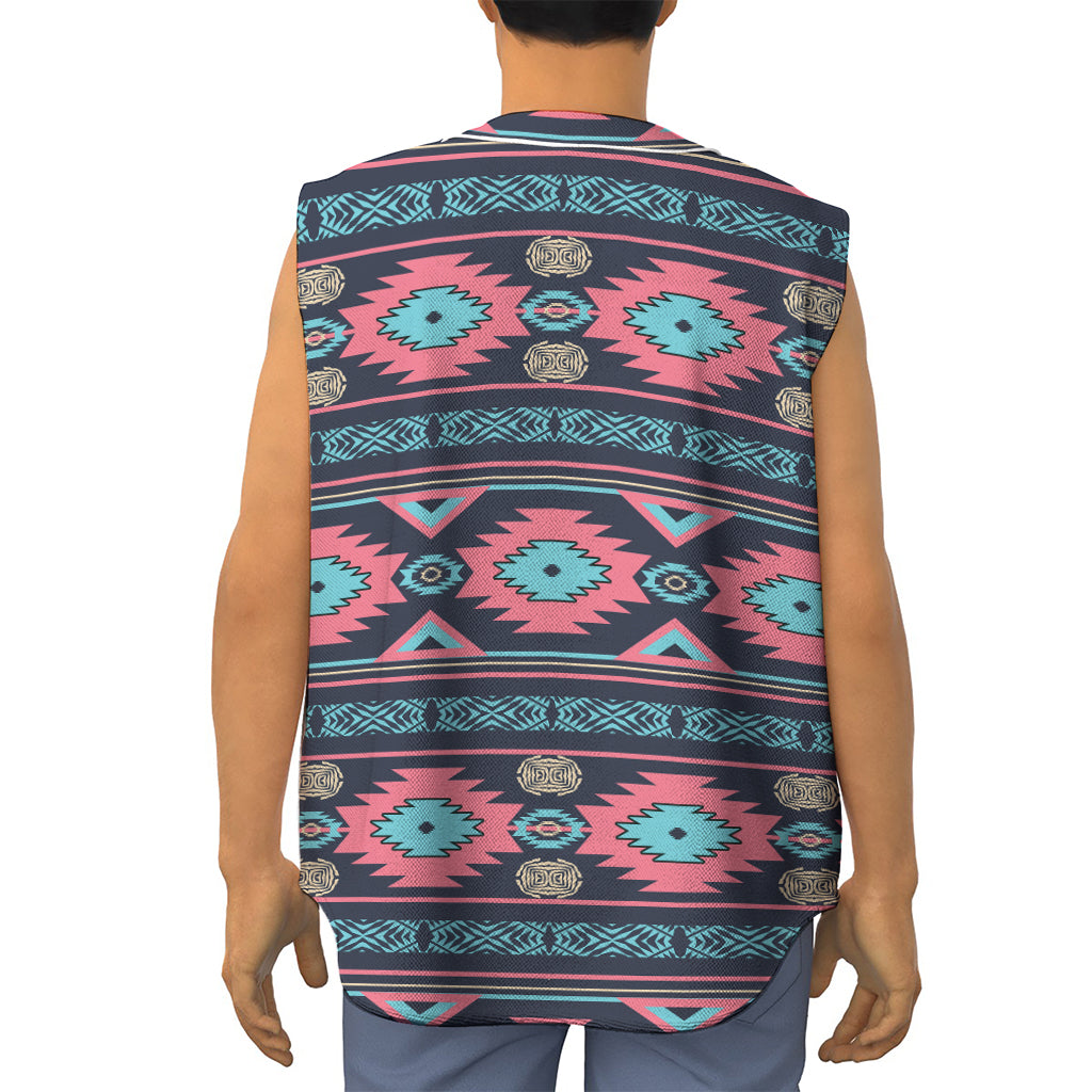 Pink And Blue Southwestern Pattern Print Sleeveless Baseball Jersey