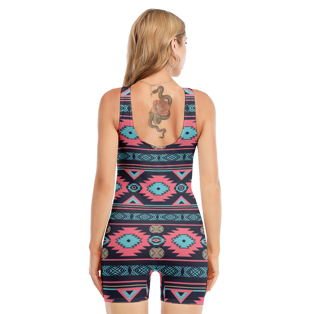 Pink And Blue Southwestern Pattern Print Sleeveless One Piece Swimsuit