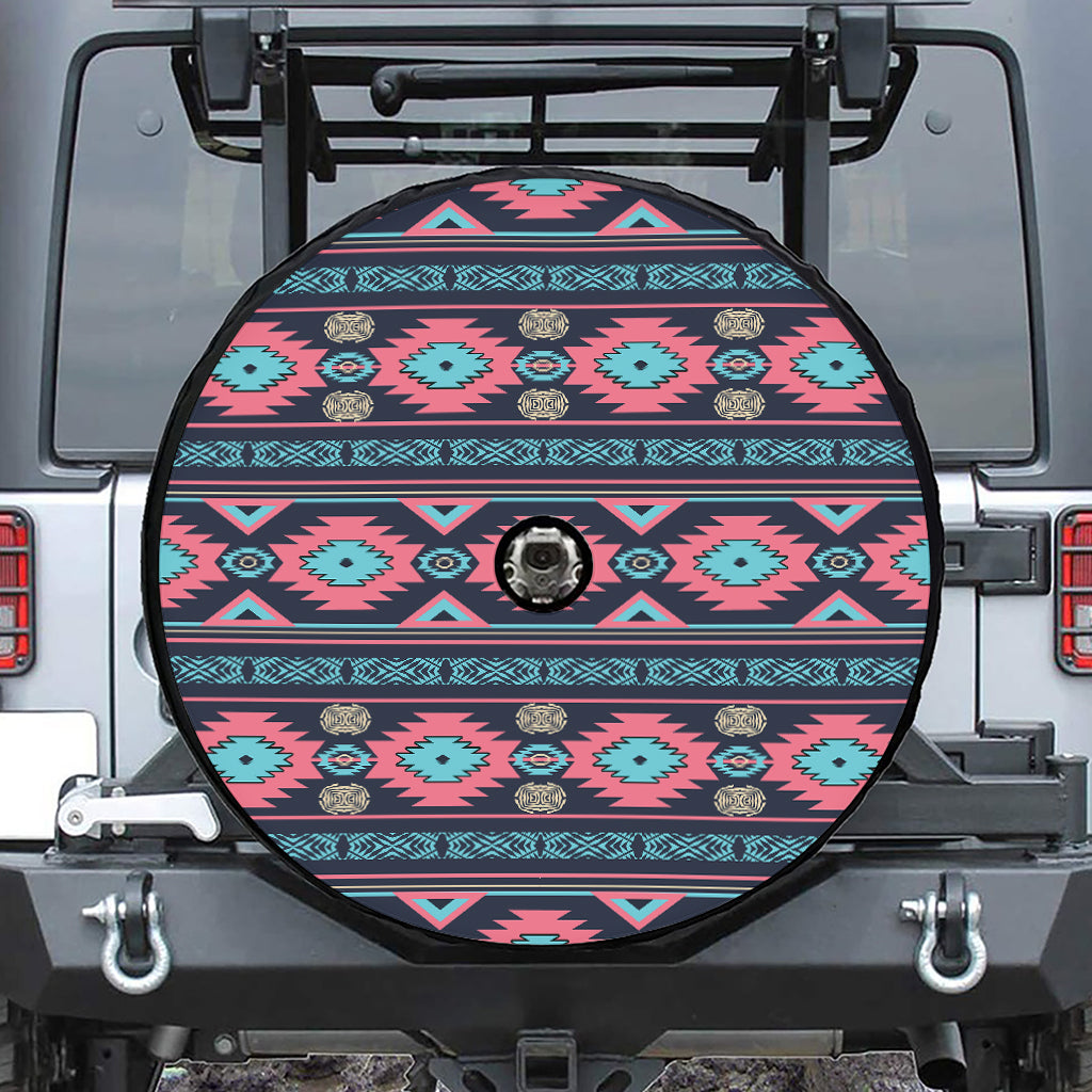 Pink And Blue Southwestern Pattern Print Tire Cover With Camera Hole