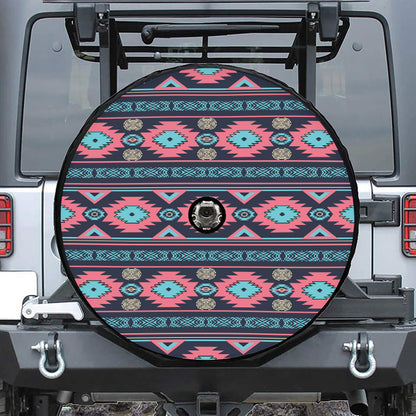 Pink And Blue Southwestern Pattern Print Tire Cover With Camera Hole