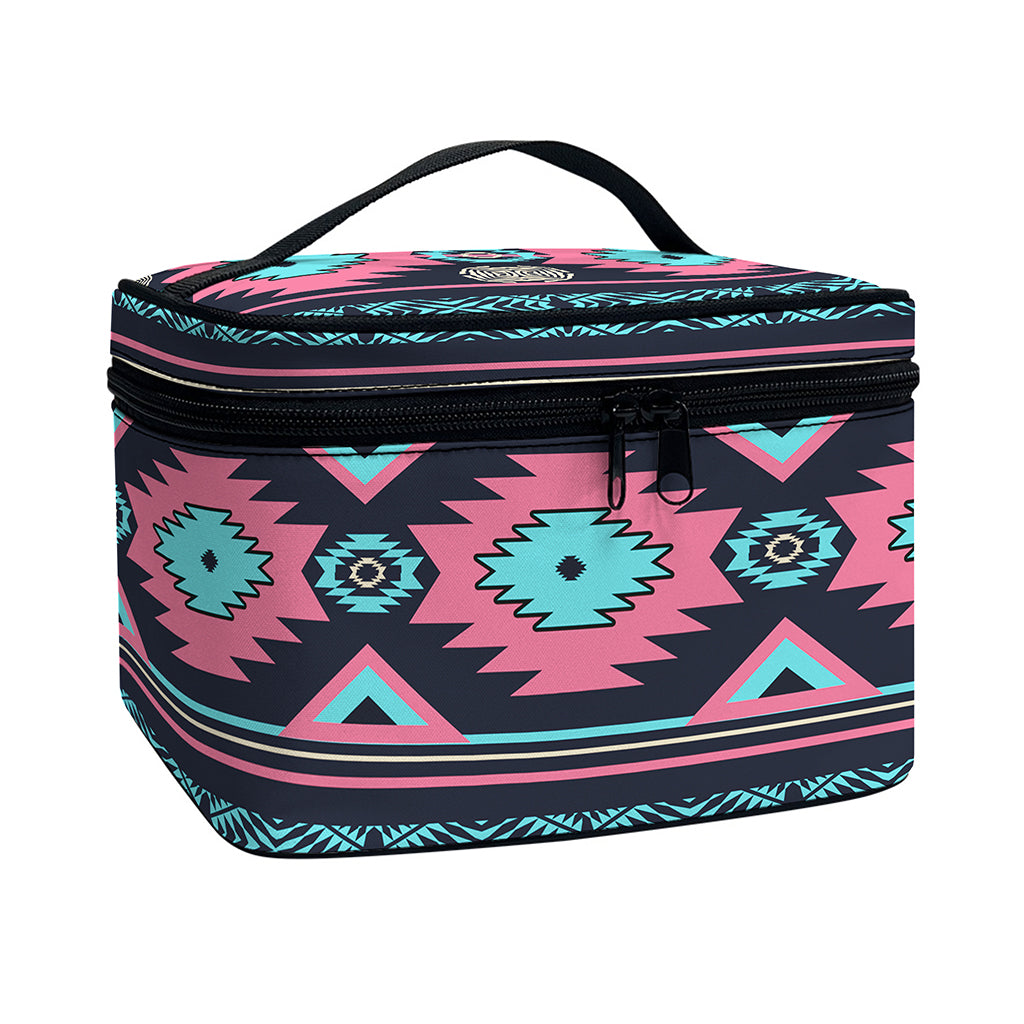 Pink And Blue Southwestern Pattern Print Travel Makeup Bag