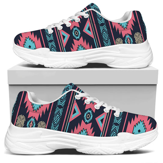 Pink And Blue Southwestern Pattern Print White Chunky Shoes
