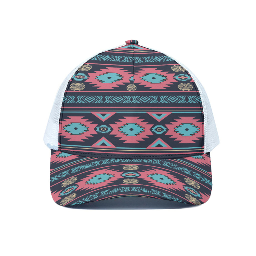 Pink And Blue Southwestern Pattern Print White Mesh Trucker Cap