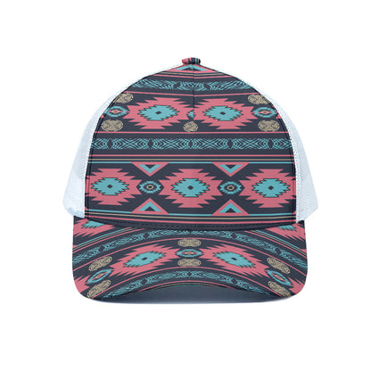 Pink And Blue Southwestern Pattern Print White Mesh Trucker Cap