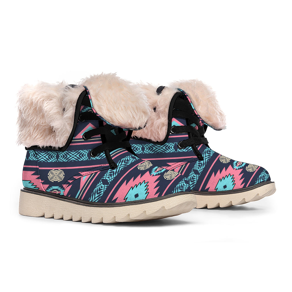 Pink And Blue Southwestern Pattern Print Winter Boots
