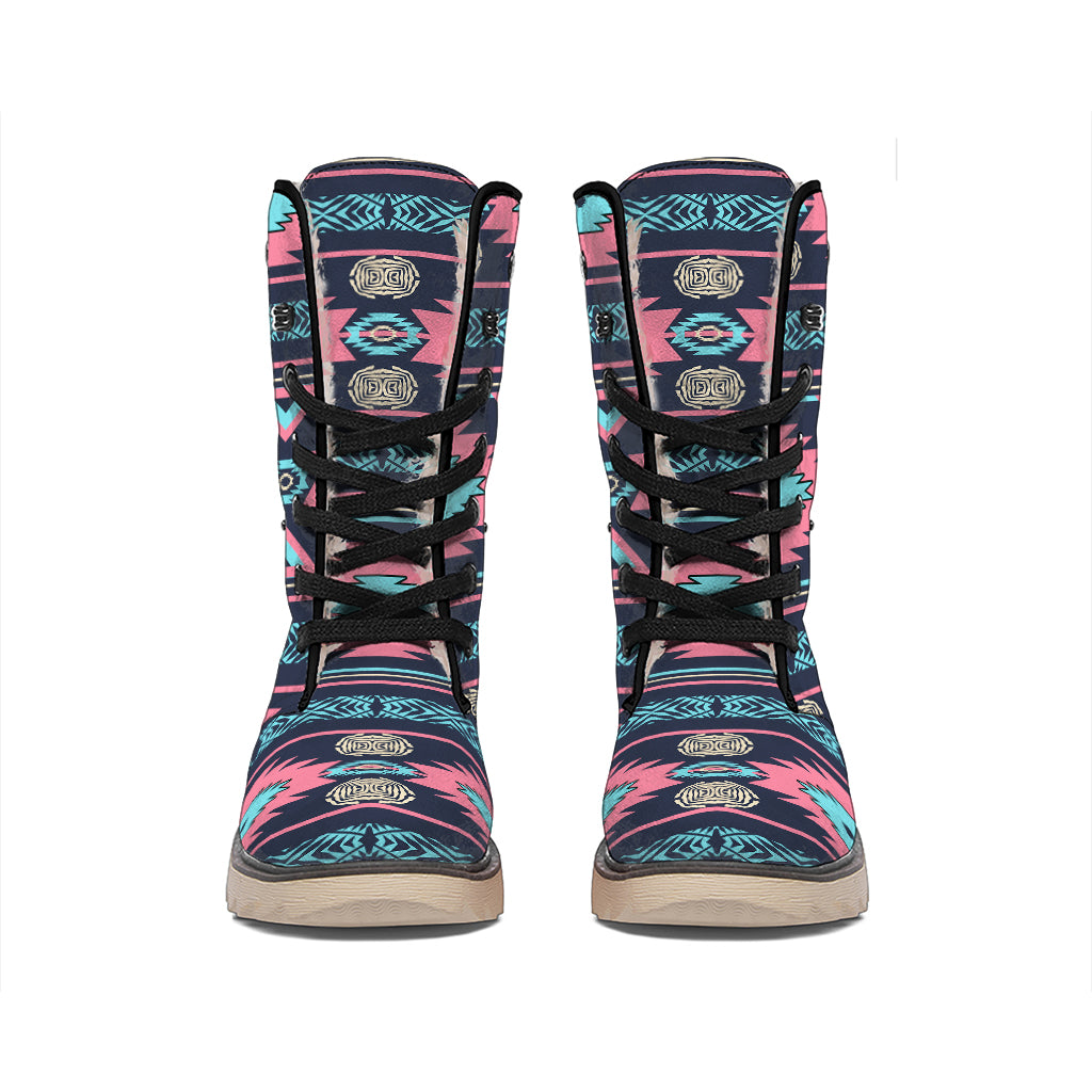 Pink And Blue Southwestern Pattern Print Winter Boots