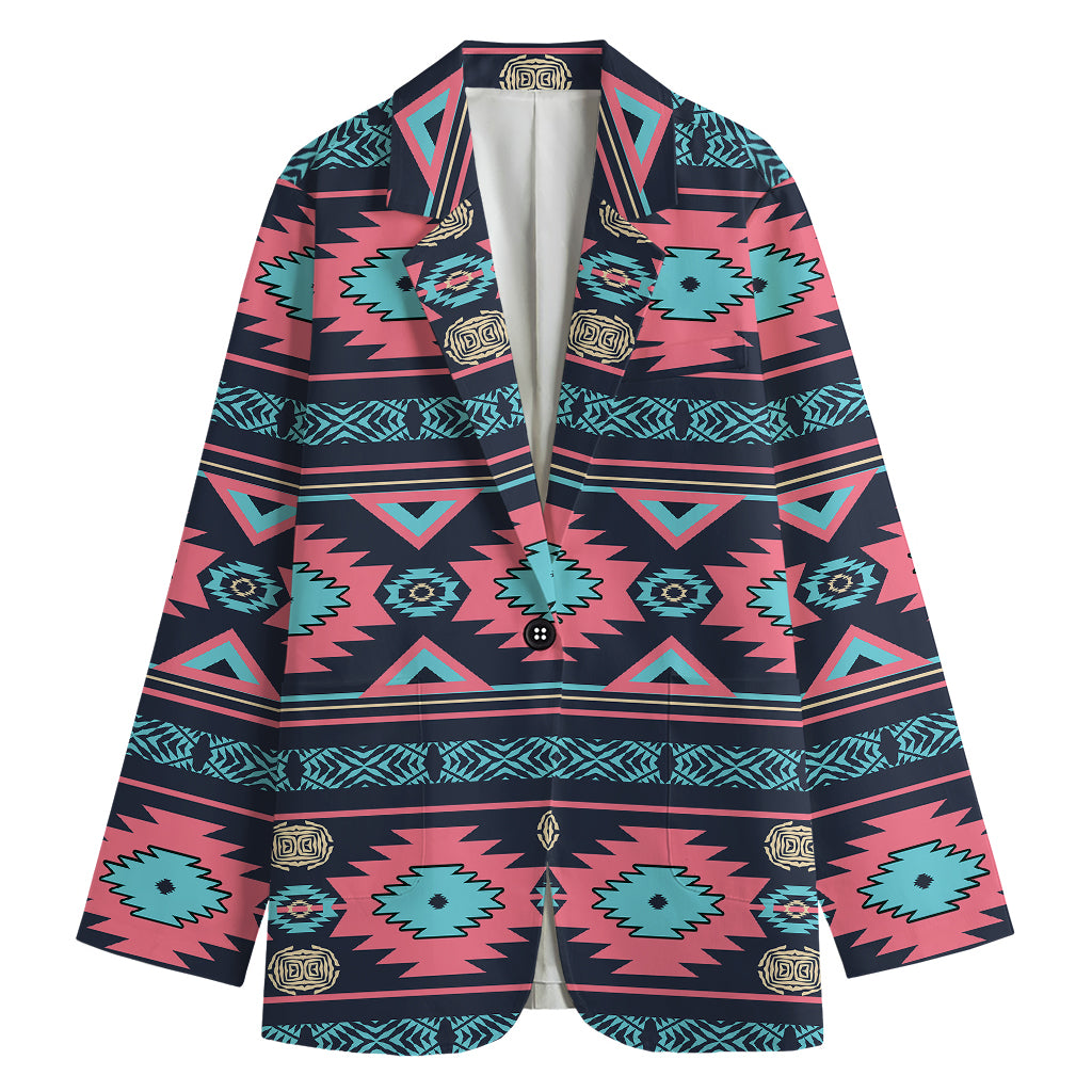 Pink And Blue Southwestern Pattern Print Women's Blazer