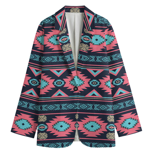 Pink And Blue Southwestern Pattern Print Women's Blazer