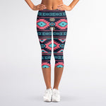 Pink And Blue Southwestern Pattern Print Women's Capri Leggings