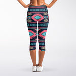 Pink And Blue Southwestern Pattern Print Women's Capri Leggings