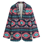 Pink And Blue Southwestern Pattern Print Women's Cotton Blazer