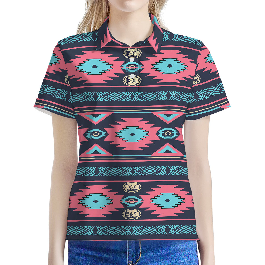 Pink And Blue Southwestern Pattern Print Women's Polo Shirt