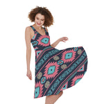Pink And Blue Southwestern Pattern Print Women's Sleeveless Dress