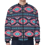 Pink And Blue Southwestern Pattern Print Zip Sleeve Bomber Jacket