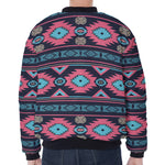 Pink And Blue Southwestern Pattern Print Zip Sleeve Bomber Jacket