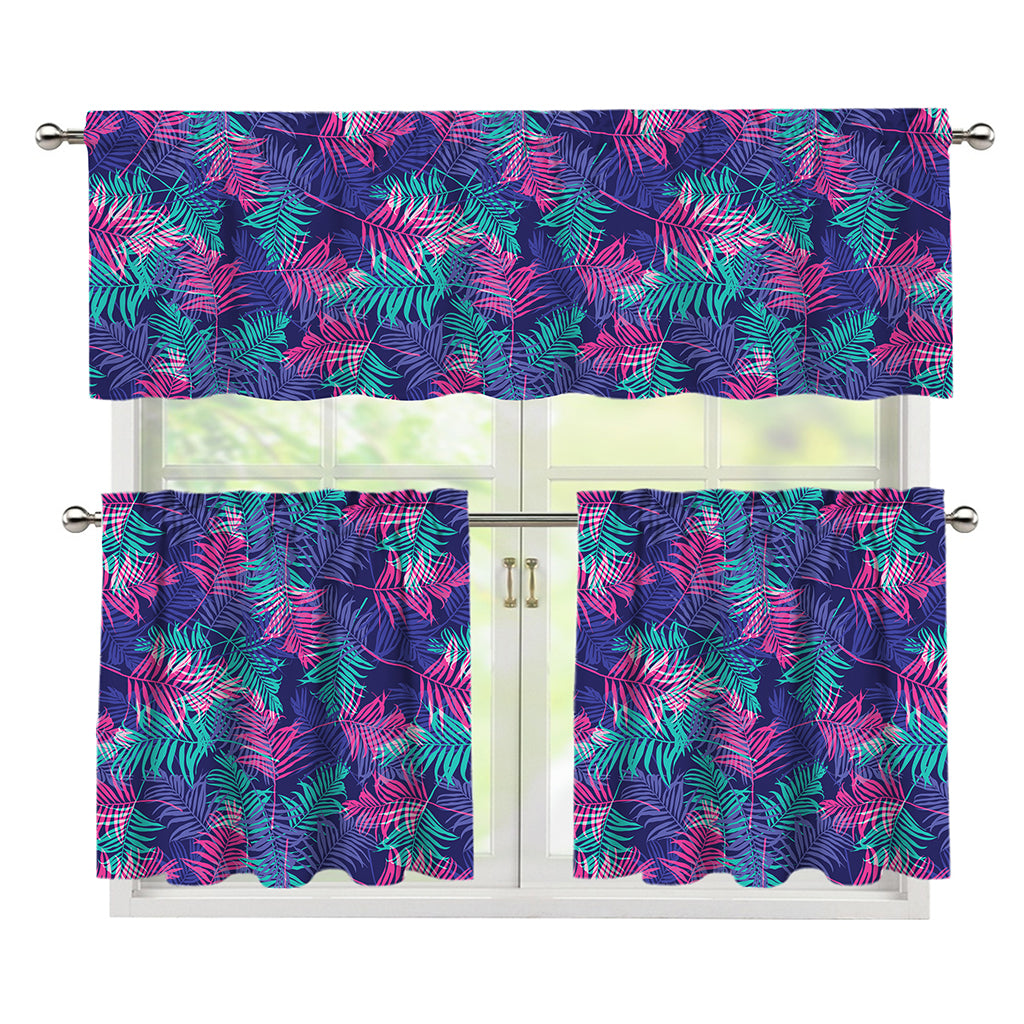Pink And Blue Tropical Palm Leaf Print 3 Piece Kitchen Curtains