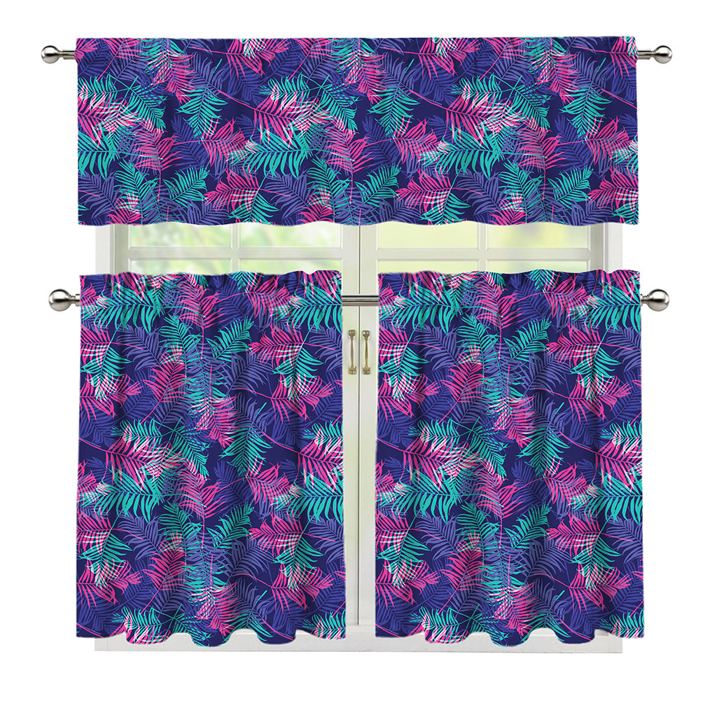 Pink And Blue Tropical Palm Leaf Print 3 Piece Kitchen Curtains