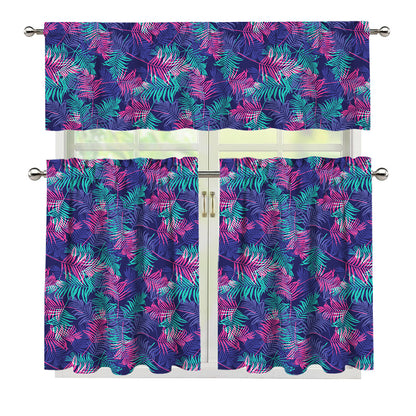 Pink And Blue Tropical Palm Leaf Print 3 Piece Kitchen Curtains